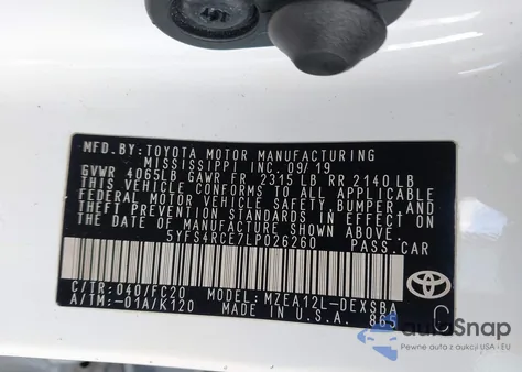 2020 Toyota Corolla Se from USA, damaged, VIN 5YFS4RCE7LP026260